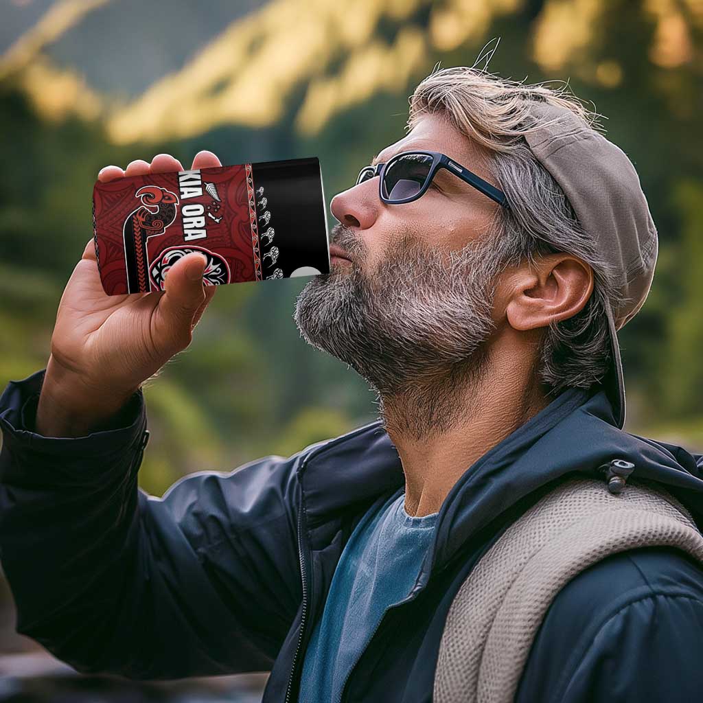 New Zealand Culture 4 in 1 Can Cooler Tumbler Kia Ora Aotearoa Moko Tattoo Mask with Waka and Maori Art Pattern