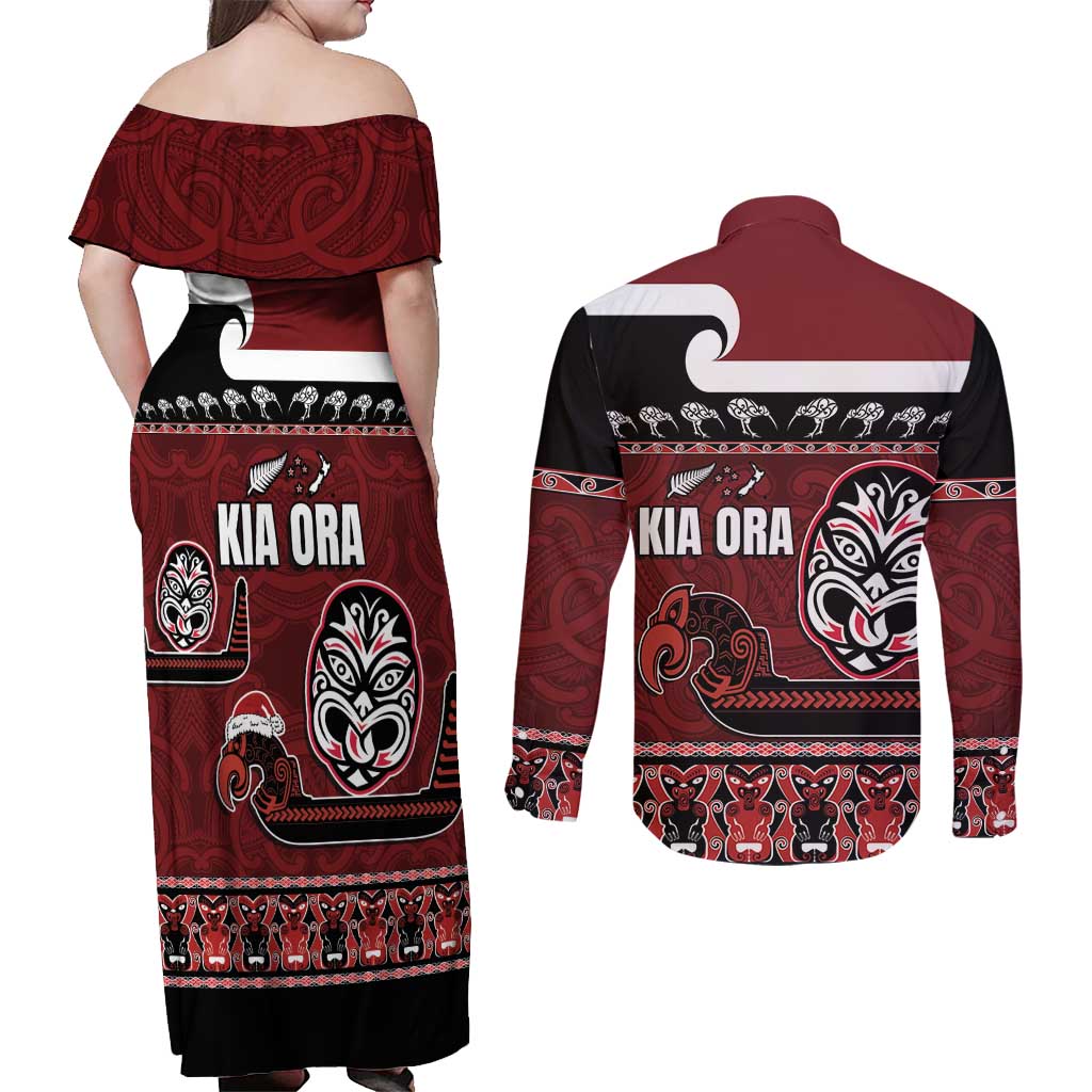 New Zealand Culture Couples Matching Off Shoulder Maxi Dress and Long Sleeve Button Shirt Kia Ora Aotearoa Moko Tattoo Mask with Waka and Maori Art Pattern