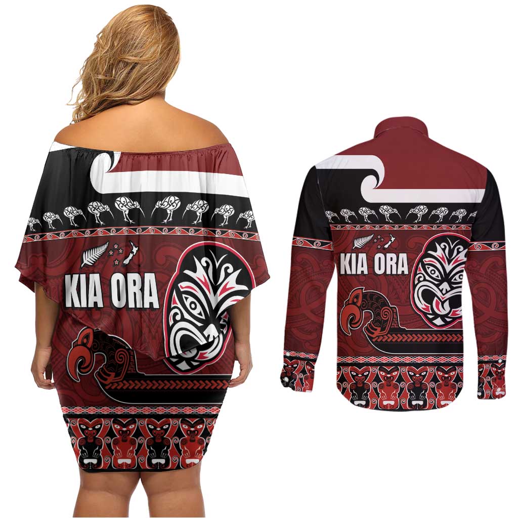 New Zealand Culture Couples Matching Off Shoulder Short Dress and Long Sleeve Button Shirt Kia Ora Aotearoa Moko Tattoo Mask with Waka and Maori Art Pattern