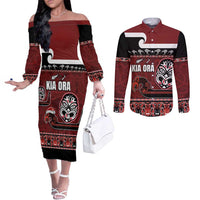 New Zealand Culture Couples Matching Off The Shoulder Long Sleeve Dress and Long Sleeve Button Shirt Kia Ora Aotearoa Moko Tattoo Mask with Waka and Maori Art Pattern