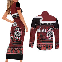 New Zealand Culture Couples Matching Short Sleeve Bodycon Dress and Long Sleeve Button Shirt Kia Ora Aotearoa Moko Tattoo Mask with Waka and Maori Art Pattern