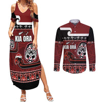New Zealand Culture Couples Matching Summer Maxi Dress and Long Sleeve Button Shirt Kia Ora Aotearoa Moko Tattoo Mask with Waka and Maori Art Pattern