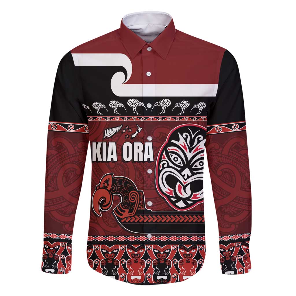New Zealand Culture Family Matching Mermaid Dress and Hawaiian Shirt Kia Ora Aotearoa Moko Tattoo Mask with Waka and Maori Art Pattern LT03 Dad's Shirt - Long Sleeve Red - Polynesian Pride