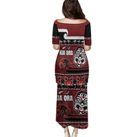 New Zealand Culture Family Matching Puletasi and Hawaiian Shirt Kia Ora Aotearoa Moko Tattoo Mask with Waka and Maori Art Pattern