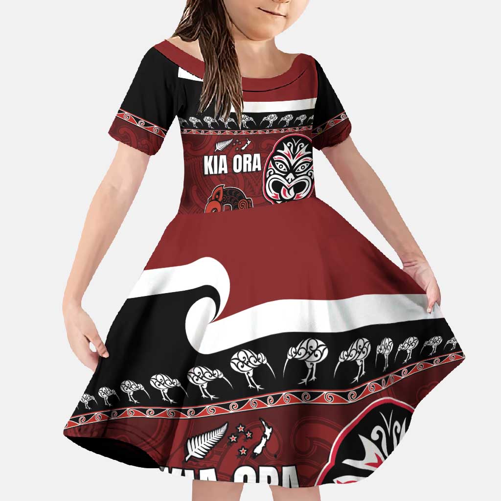 New Zealand Culture Family Matching Tank Maxi Dress and Hawaiian Shirt Kia Ora Aotearoa Moko Tattoo Mask with Waka and Maori Art Pattern LT03 Daughter's Dress Red - Polynesian Pride