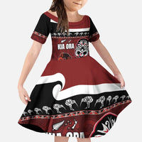 New Zealand Culture Family Matching Tank Maxi Dress and Hawaiian Shirt Kia Ora Aotearoa Moko Tattoo Mask with Waka and Maori Art Pattern LT03 Daughter's Dress Red - Polynesian Pride