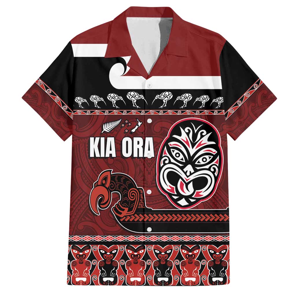 New Zealand Culture Family Matching Tank Maxi Dress and Hawaiian Shirt Kia Ora Aotearoa Moko Tattoo Mask with Waka and Maori Art Pattern LT03 Dad's Shirt - Short Sleeve Red - Polynesian Pride