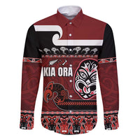 New Zealand Culture Family Matching Tank Maxi Dress and Hawaiian Shirt Kia Ora Aotearoa Moko Tattoo Mask with Waka and Maori Art Pattern LT03 Dad's Shirt - Long Sleeve Red - Polynesian Pride