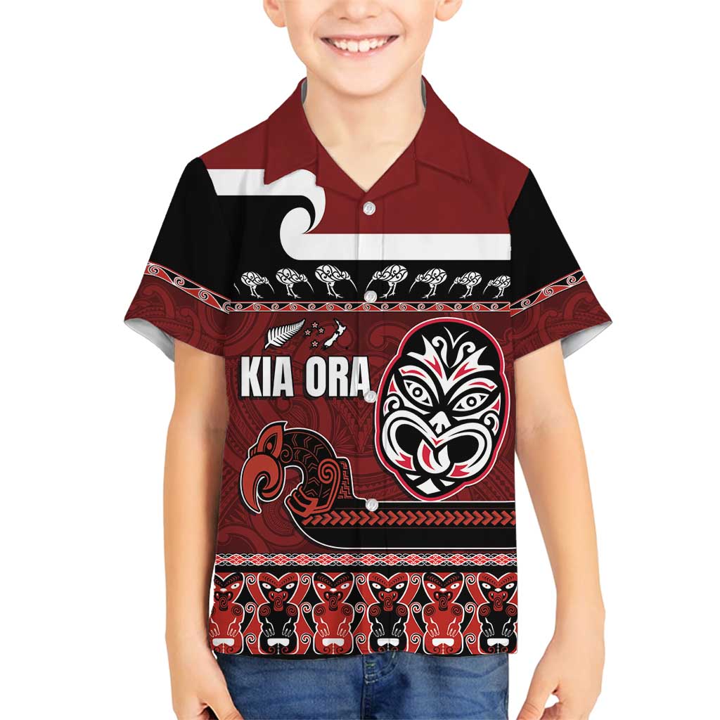 New Zealand Culture Family Matching Tank Maxi Dress and Hawaiian Shirt Kia Ora Aotearoa Moko Tattoo Mask with Waka and Maori Art Pattern LT03 Son's Shirt Red - Polynesian Pride