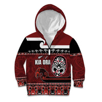 New Zealand Culture Kid Hoodie Kia Ora Aotearoa Moko Tattoo Mask with Waka and Maori Art Pattern