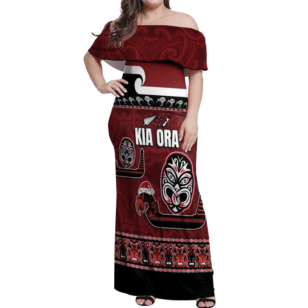 New Zealand Culture Off Shoulder Maxi Dress Kia Ora Aotearoa Moko Tattoo Mask with Waka and Maori Art Pattern