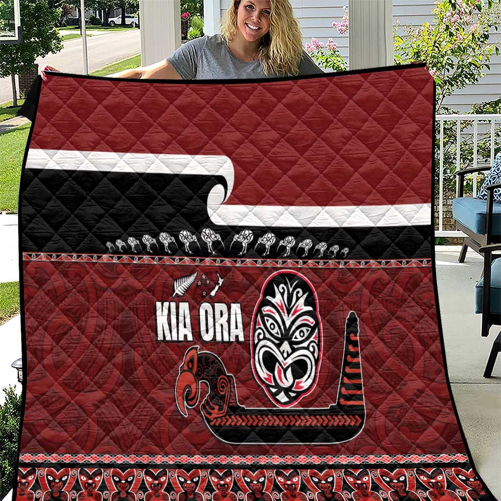 New Zealand Culture Quilt Kia Ora Aotearoa Moko Tattoo Mask with Waka and Maori Art Pattern LT03 Red - Polynesian Pride