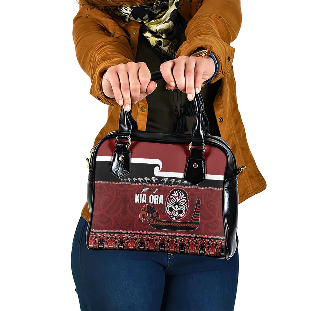 New Zealand Culture Shoulder Handbag Kia Ora Aotearoa Moko Tattoo Mask with Waka and Maori Art Pattern