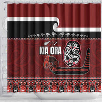New Zealand Culture Shower Curtain Kia Ora Aotearoa Moko Tattoo Mask with Waka and Maori Art Pattern