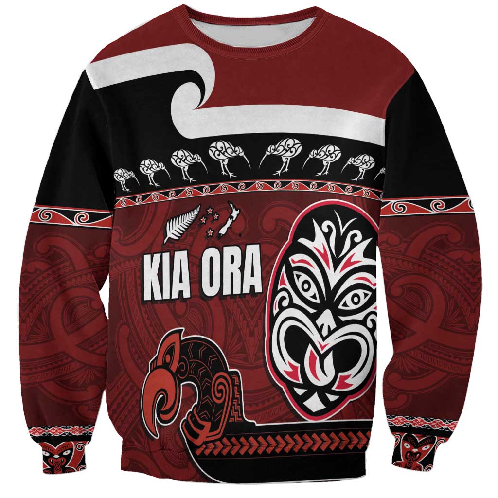 New Zealand Culture Sweatshirt Kia Ora Aotearoa Moko Tattoo Mask with Waka and Maori Art Pattern
