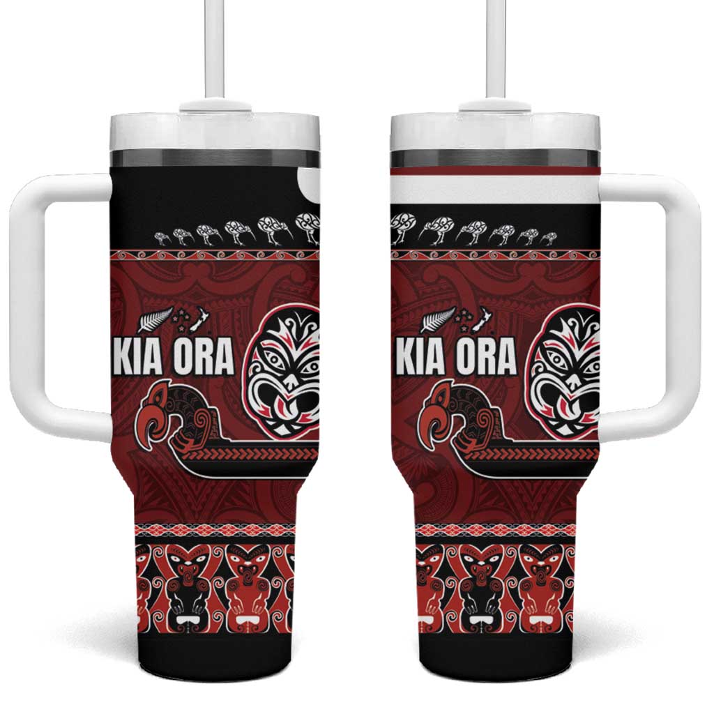 New Zealand Culture Tumbler With Handle Kia Ora Aotearoa Moko Tattoo Mask with Waka and Maori Art Pattern