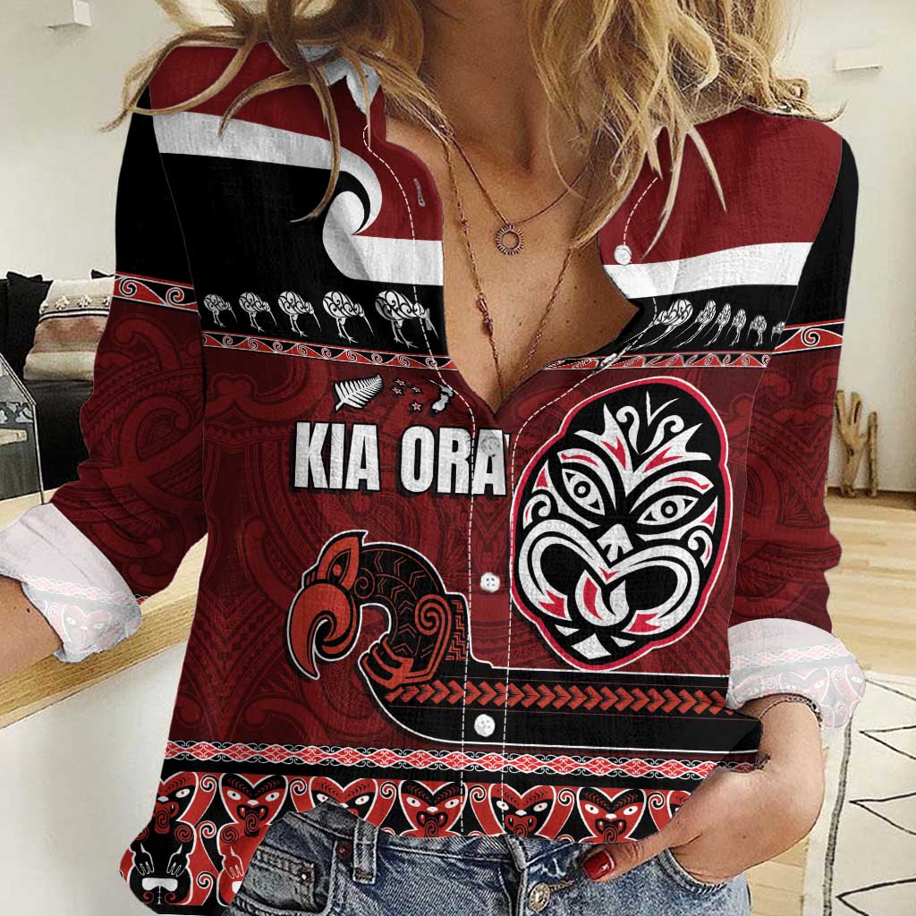 New Zealand Culture Women Casual Shirt Kia Ora Aotearoa Moko Tattoo Mask with Waka and Maori Art Pattern