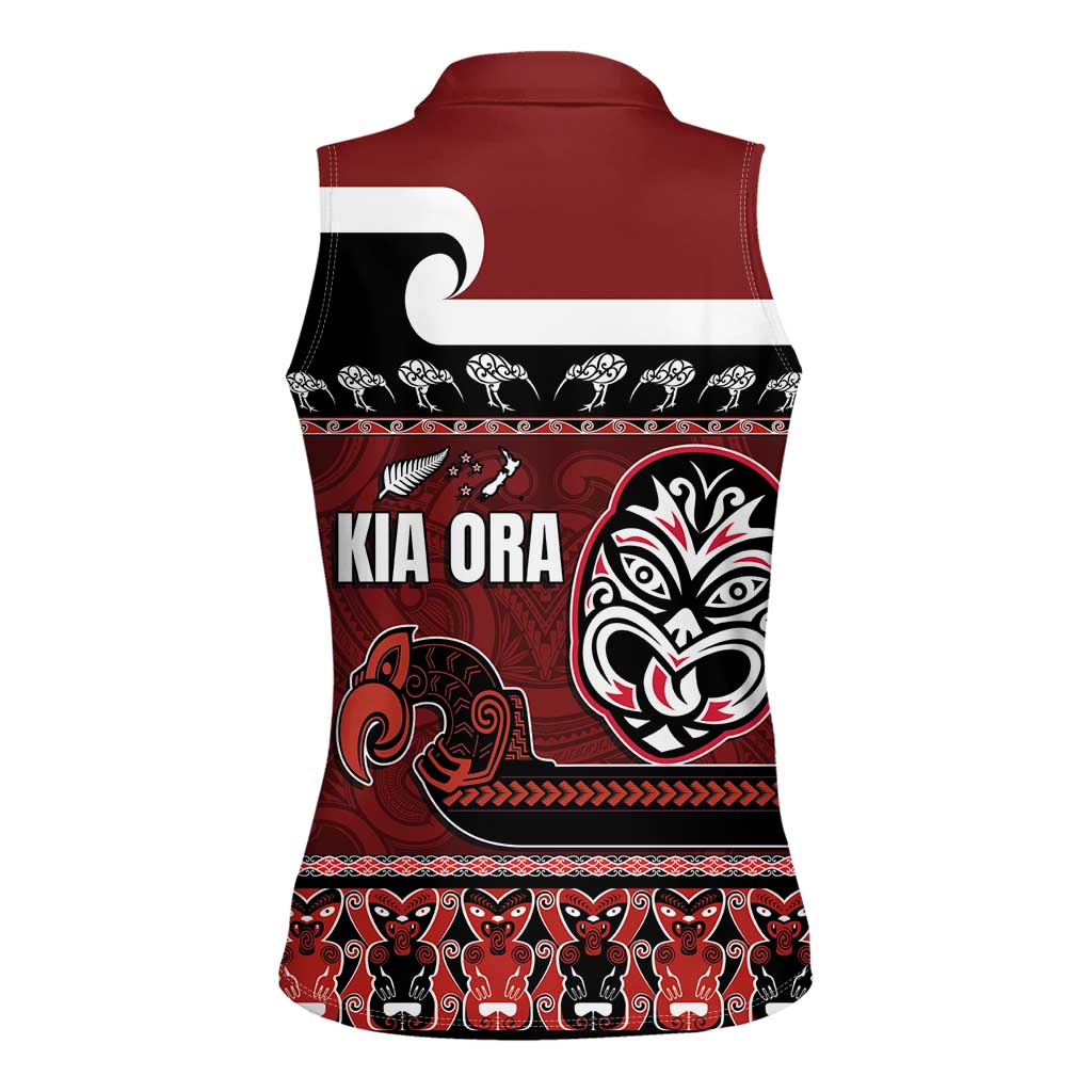 New Zealand Culture Women Sleeveless Polo Shirt Kia Ora Aotearoa Moko Tattoo Mask with Waka and Maori Art Pattern