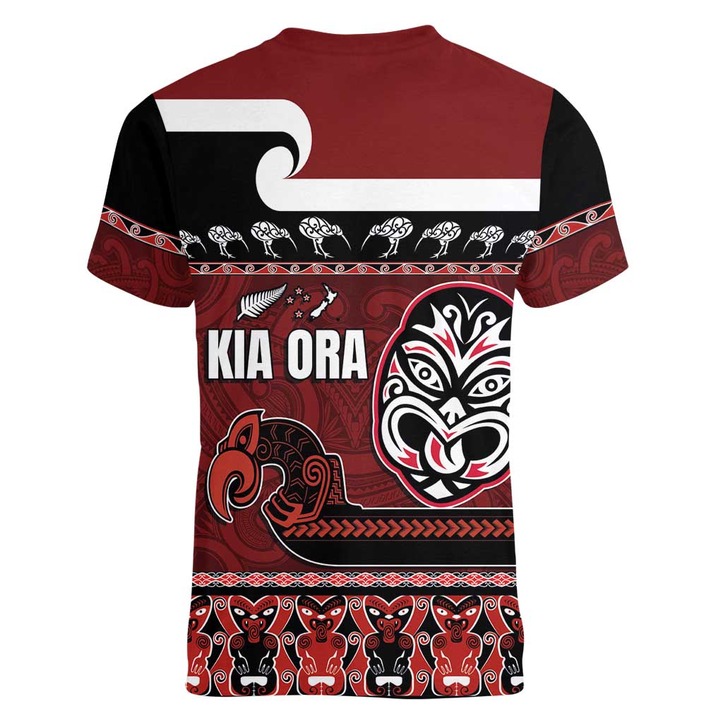 New Zealand Culture Women V-Neck T-Shirt Kia Ora Aotearoa Moko Tattoo Mask with Waka and Maori Art Pattern