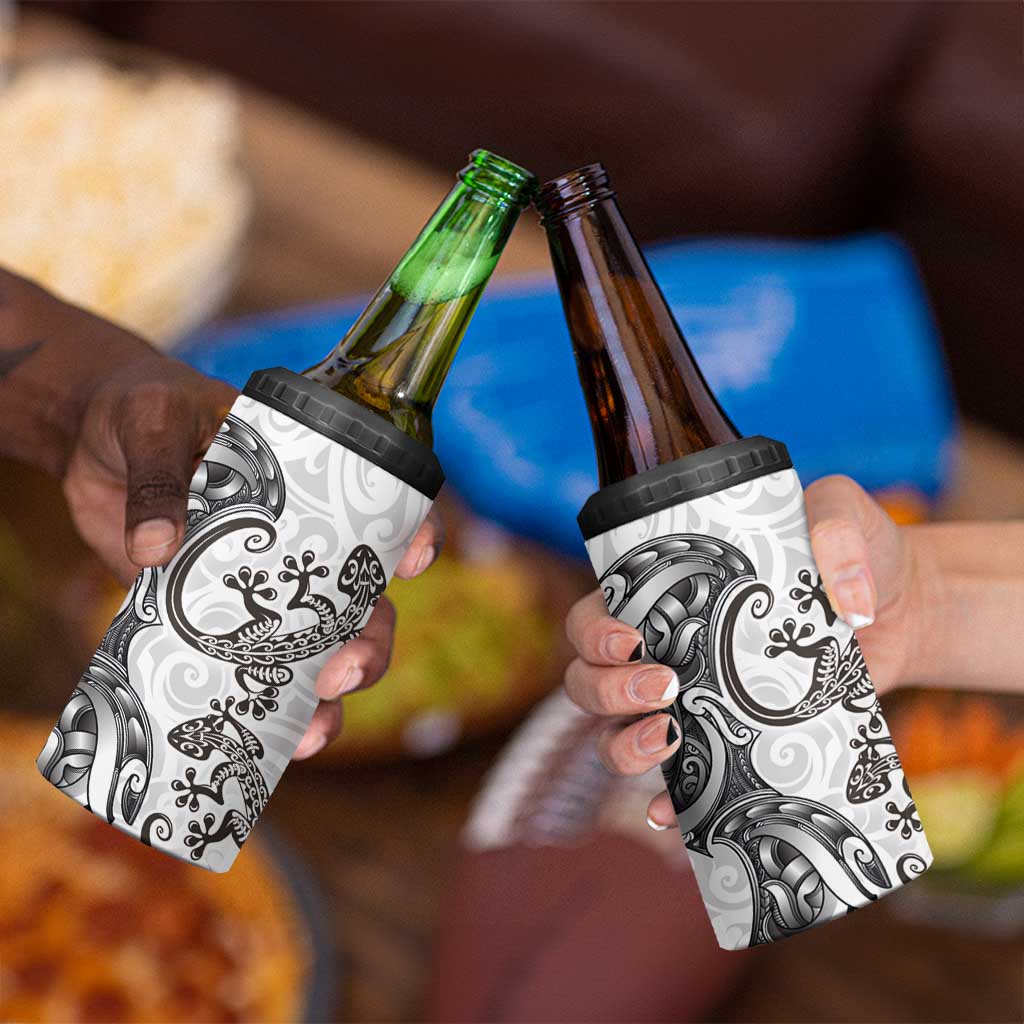 New Zealand Gecko Maori Art Tattoo 4 in 1 Can Cooler Tumbler White Color