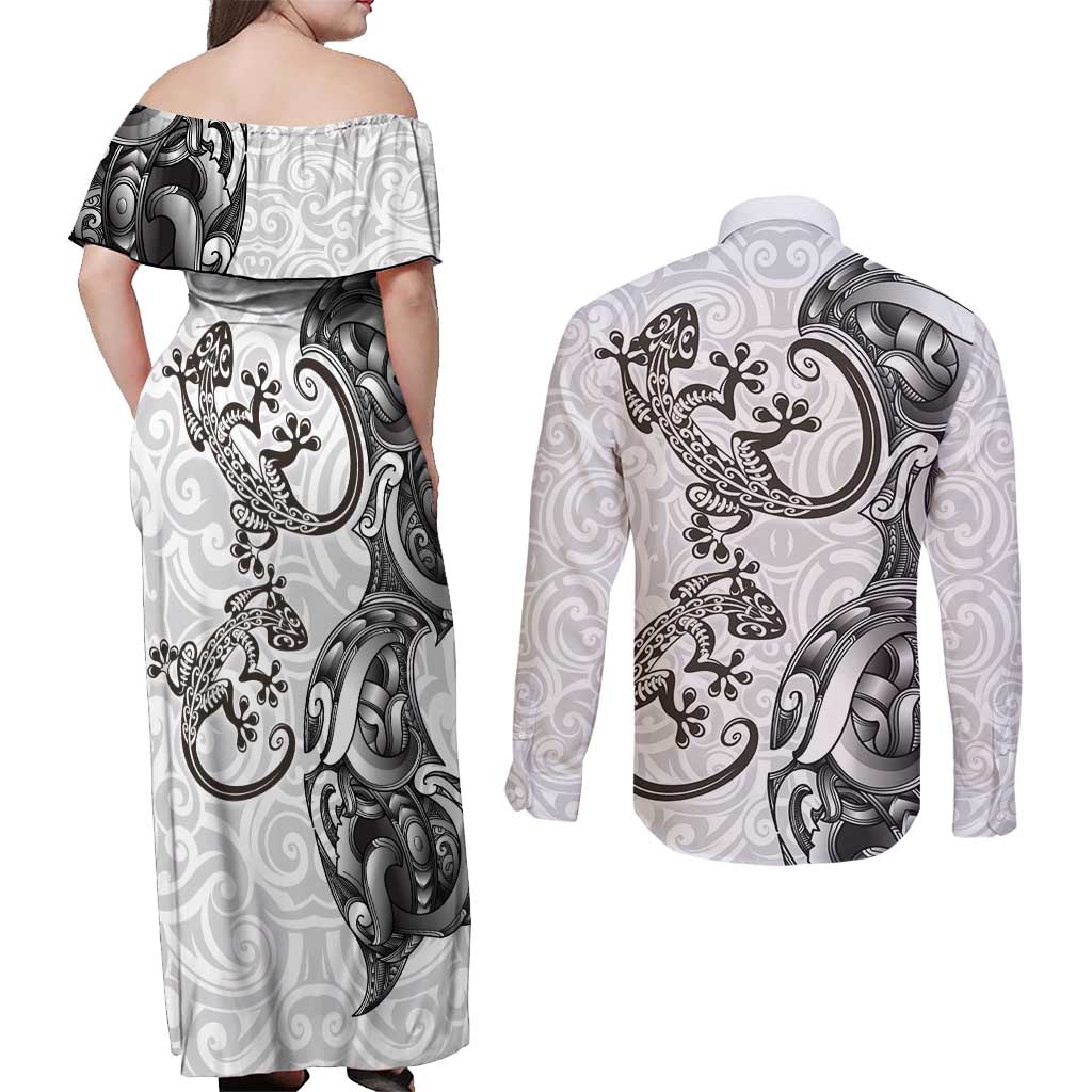 New Zealand Gecko Maori Art Tattoo Couples Matching Off Shoulder Maxi Dress and Long Sleeve Button Shirt White Color