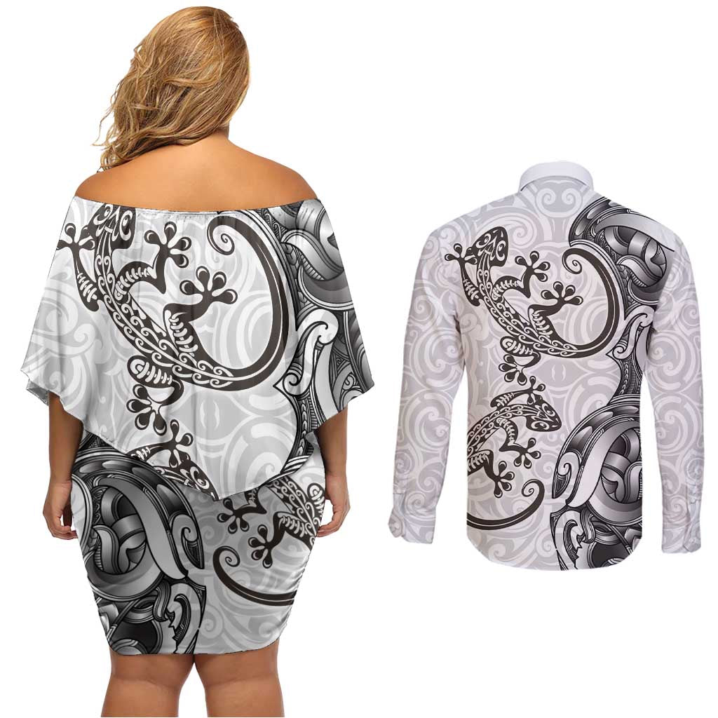 New Zealand Gecko Maori Art Tattoo Couples Matching Off Shoulder Short Dress and Long Sleeve Button Shirt White Color