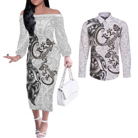 New Zealand Gecko Maori Art Tattoo Couples Matching Off The Shoulder Long Sleeve Dress and Long Sleeve Button Shirt White Color