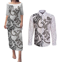 New Zealand Gecko Maori Art Tattoo Couples Matching Puletasi and Long Sleeve Button Shirt White Color