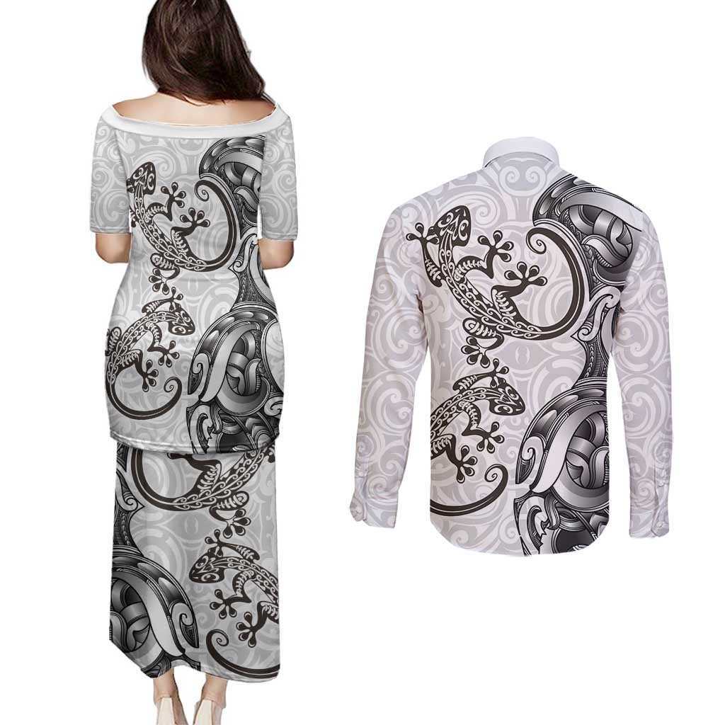 New Zealand Gecko Maori Art Tattoo Couples Matching Puletasi and Long Sleeve Button Shirt White Color