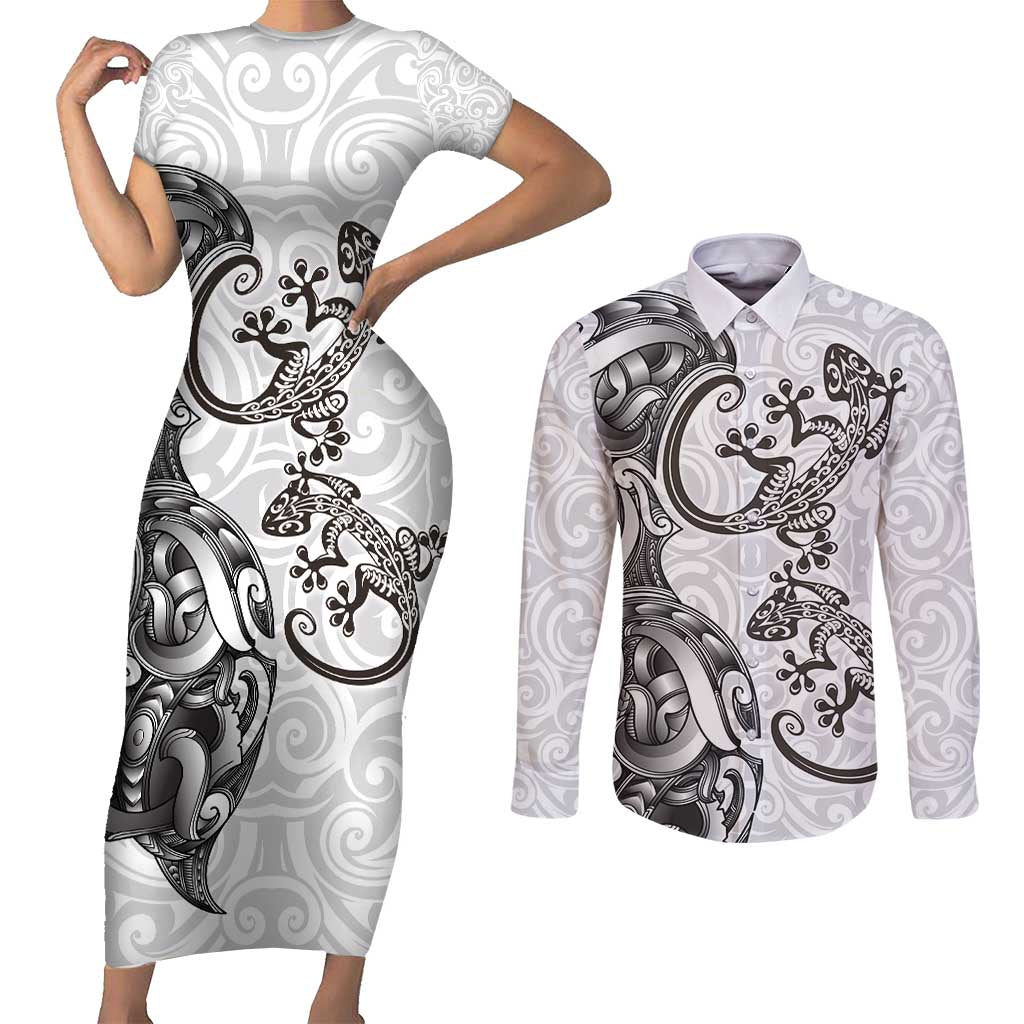 New Zealand Gecko Maori Art Tattoo Couples Matching Short Sleeve Bodycon Dress and Long Sleeve Button Shirt White Color