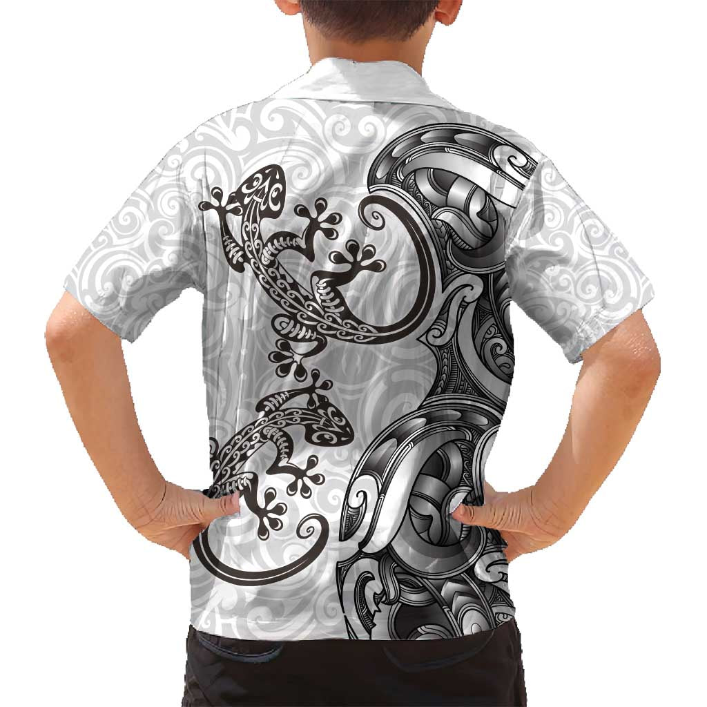New Zealand Gecko Maori Art Tattoo Family Matching Long Sleeve Bodycon Dress and Hawaiian Shirt White Color LT03 - Polynesian Pride