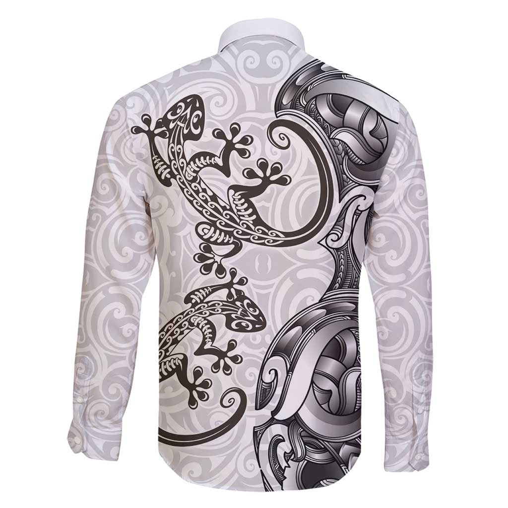New Zealand Gecko Maori Art Tattoo Family Matching Long Sleeve Bodycon Dress and Hawaiian Shirt White Color LT03 - Polynesian Pride