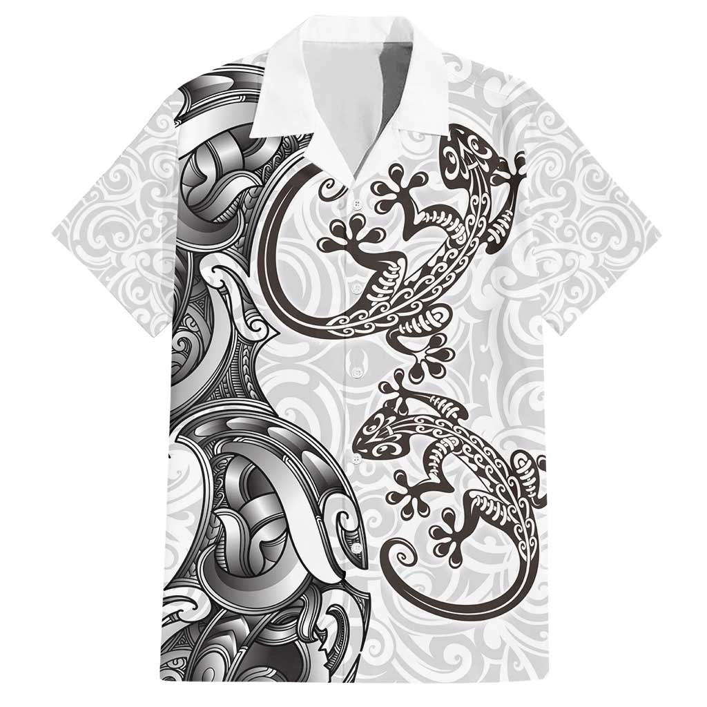 New Zealand Gecko Maori Art Tattoo Family Matching Short Sleeve Bodycon Dress and Hawaiian Shirt White Color LT03 Dad's Shirt - Short Sleeve White - Polynesian Pride