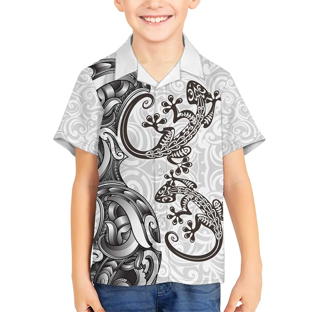 New Zealand Gecko Maori Art Tattoo Family Matching Short Sleeve Bodycon Dress and Hawaiian Shirt White Color LT03 Son's Shirt White - Polynesian Pride