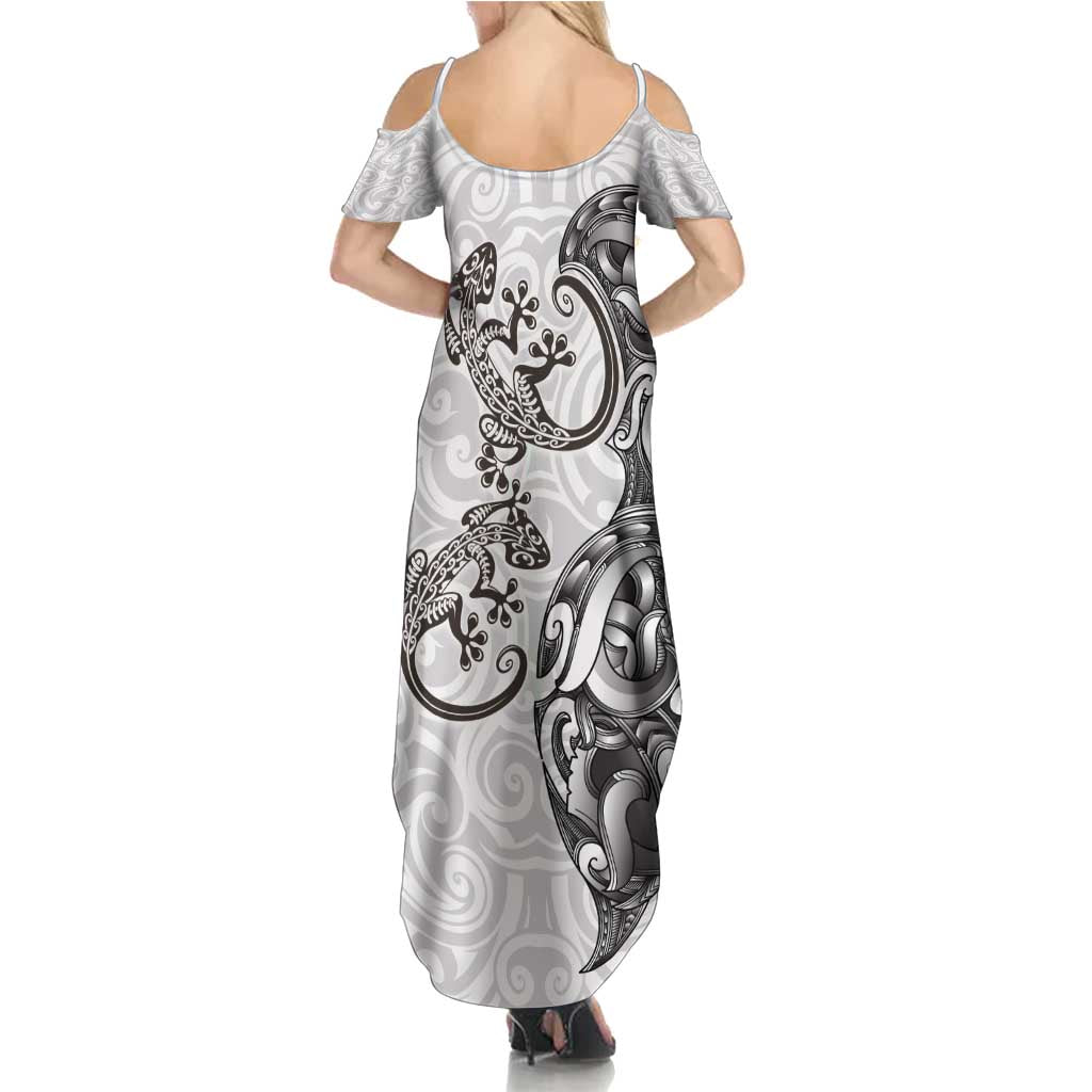 New Zealand Gecko Maori Art Tattoo Family Matching Summer Maxi Dress and Hawaiian Shirt White Color