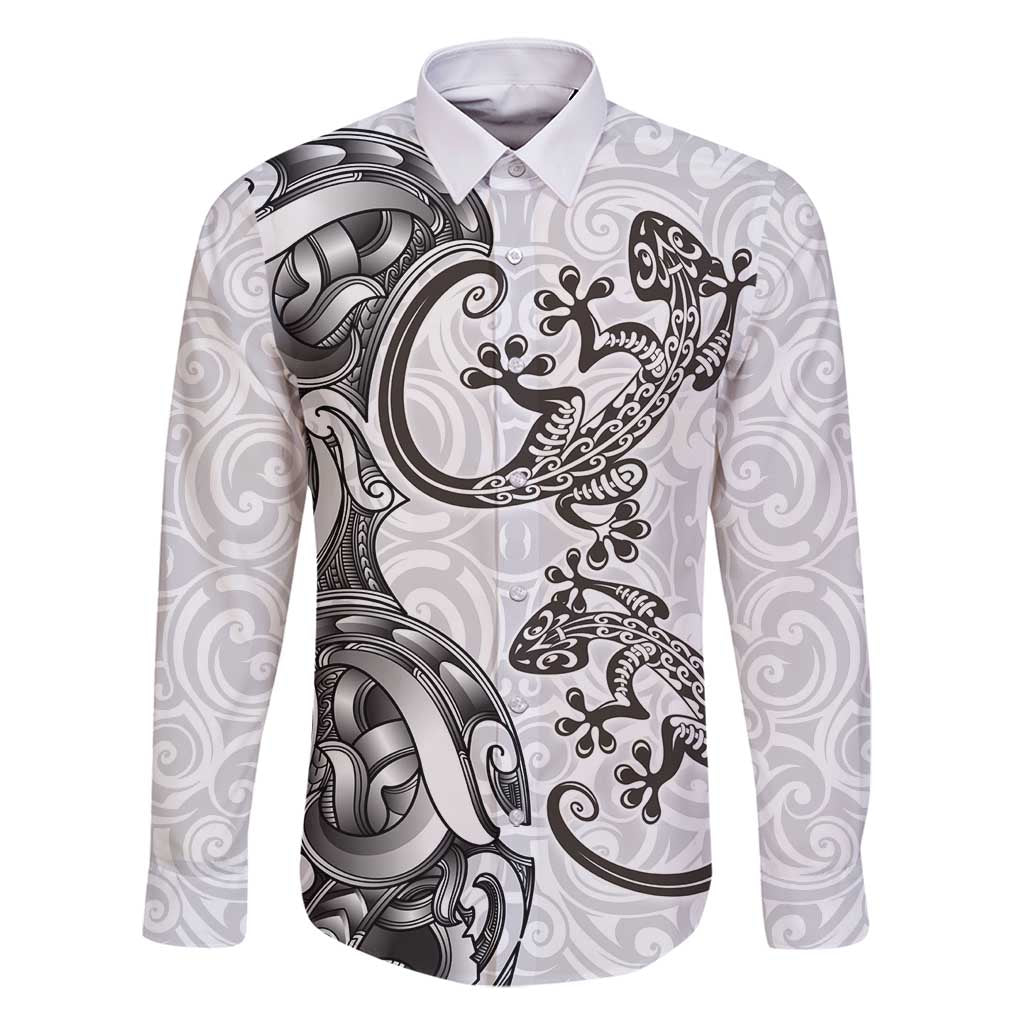 New Zealand Gecko Maori Art Tattoo Family Matching Tank Maxi Dress and Hawaiian Shirt White Color LT03 Dad's Shirt - Long Sleeve White - Polynesian Pride
