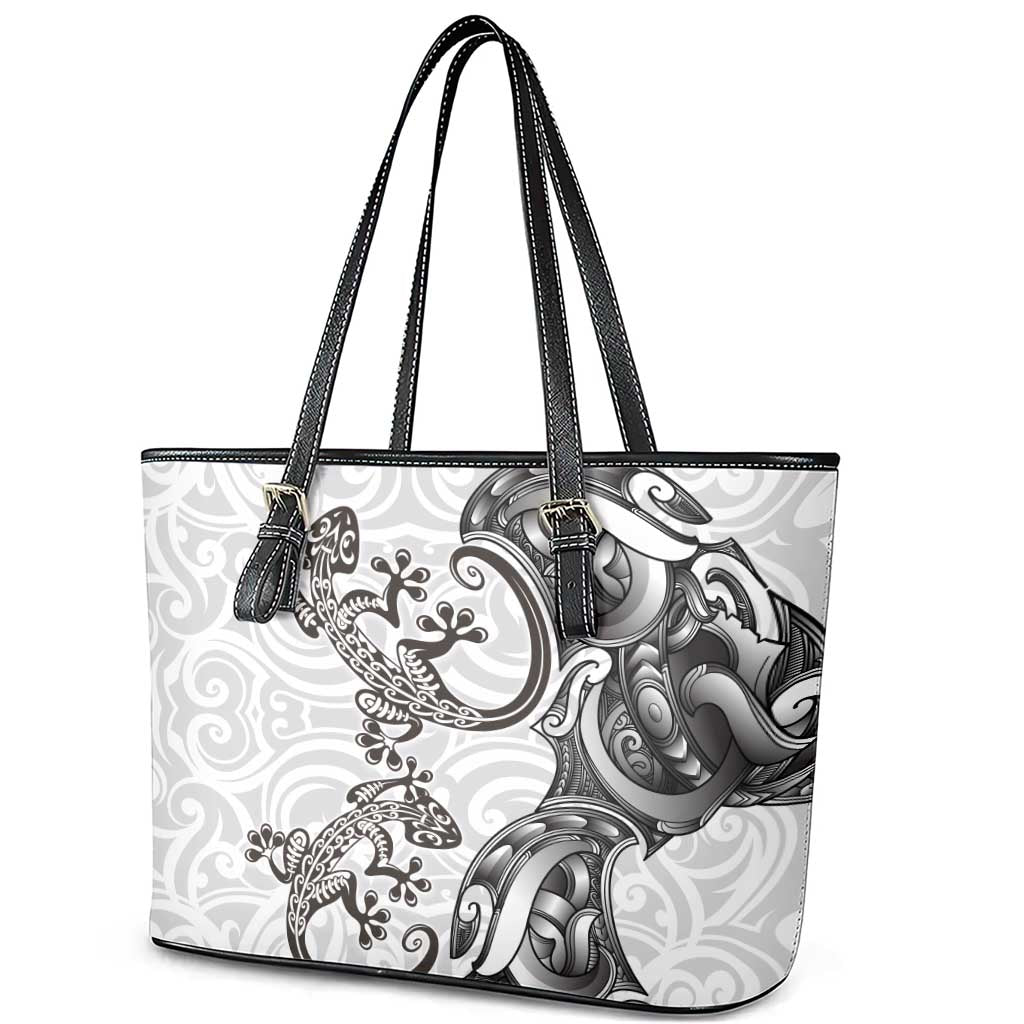 New Zealand Gecko Maori Art Tattoo Leather Tote Bag White Color