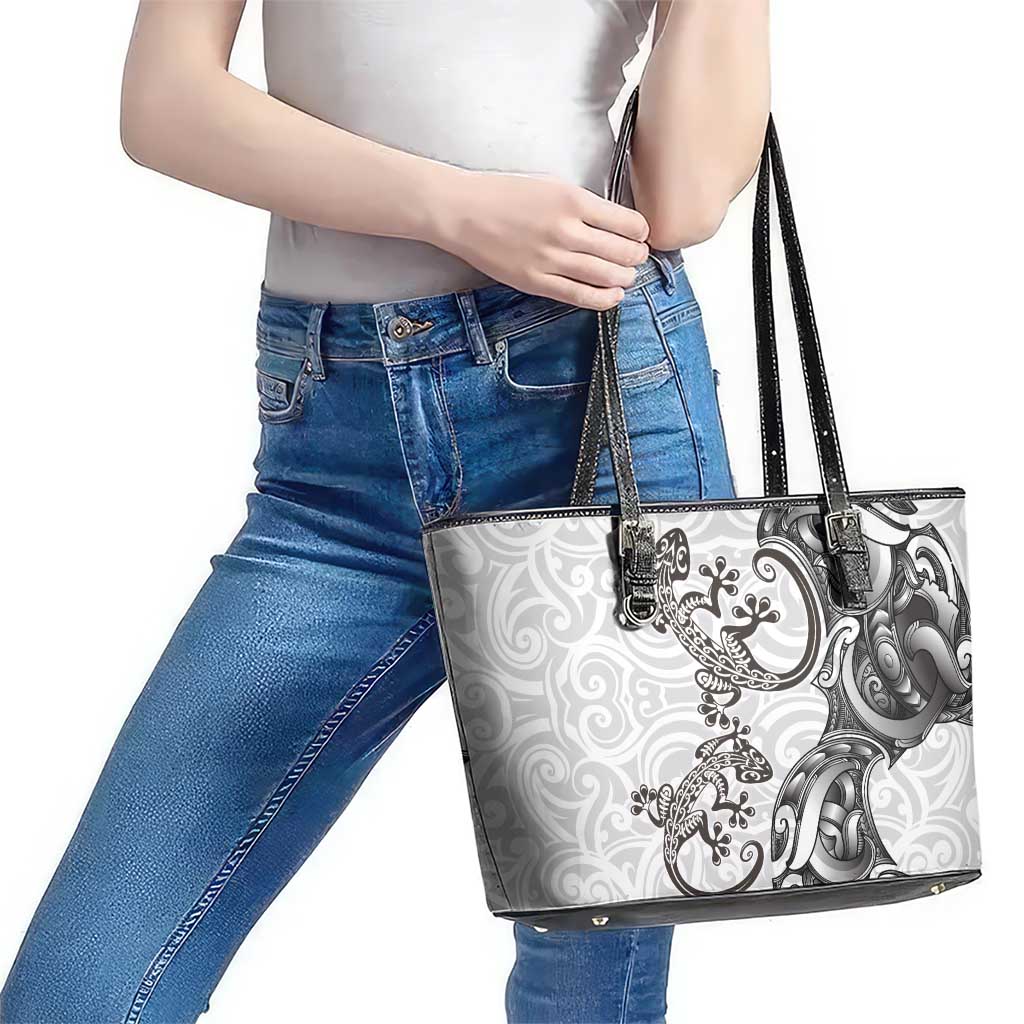 New Zealand Gecko Maori Art Tattoo Leather Tote Bag White Color