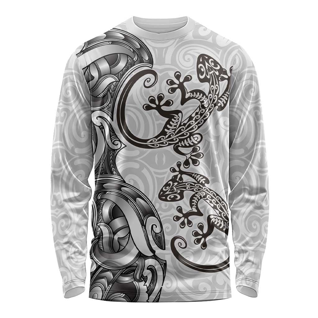 New Zealand Gecko Maori Art Tattoo Long Sleeve Shirt White Color LT03 Unisex White - Polynesian Pride