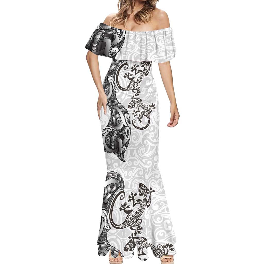 New Zealand Gecko Maori Art Tattoo Mermaid Dress White Color