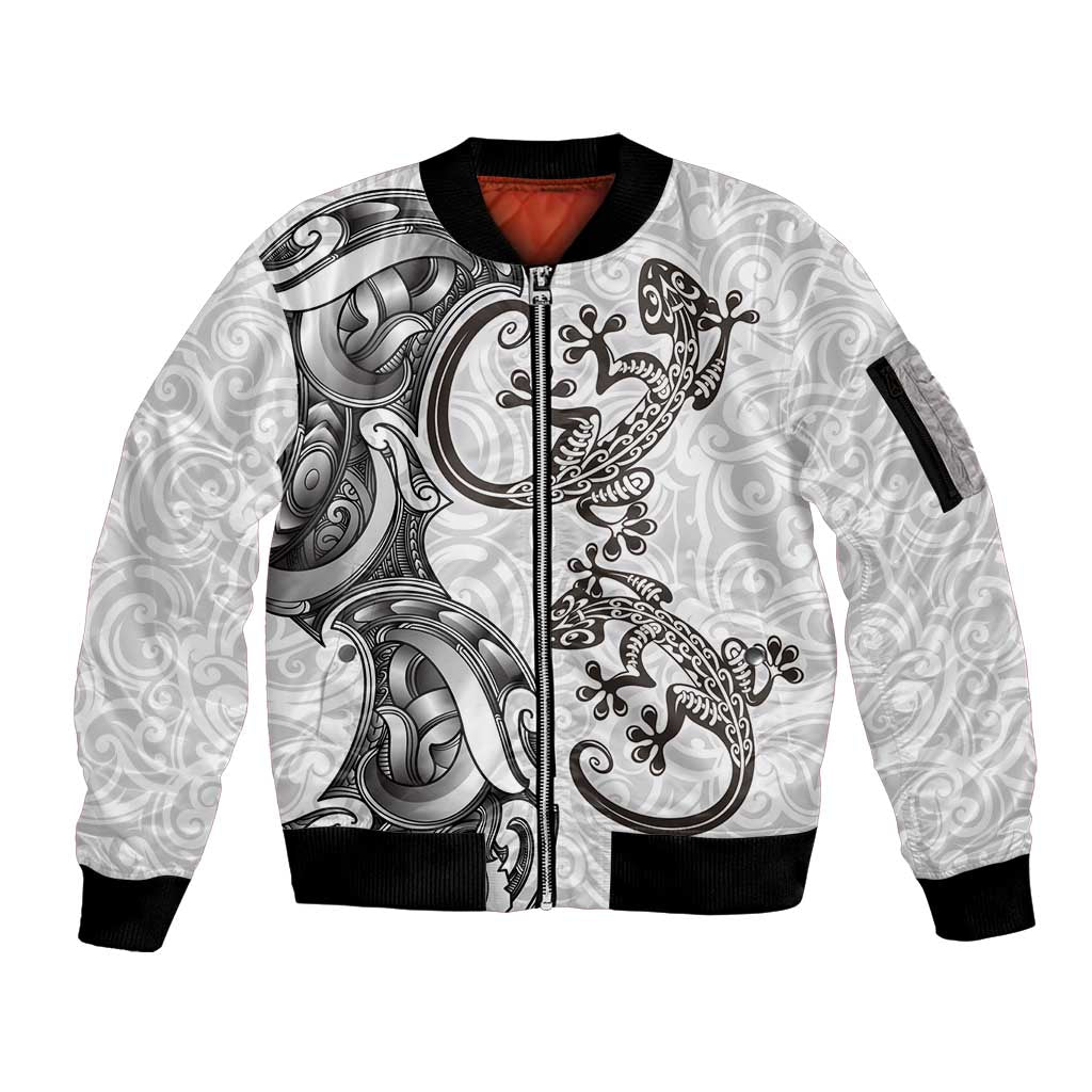 New Zealand Gecko Maori Art Tattoo Sleeve Zip Bomber Jacket White Color LT03 Unisex White - Polynesian Pride