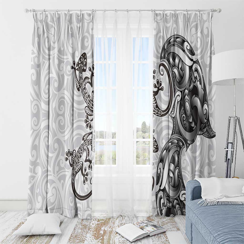 New Zealand Gecko Maori Art Tattoo Window Curtain White Color