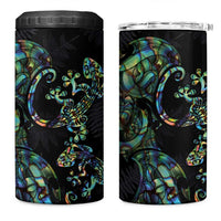 New Zealand Gecko Maori Art Tattoo 4 in 1 Can Cooler Tumbler Paua Shell Mode with Silver Fern Pattern