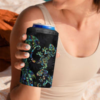 New Zealand Gecko Maori Art Tattoo 4 in 1 Can Cooler Tumbler Paua Shell Mode with Silver Fern Pattern