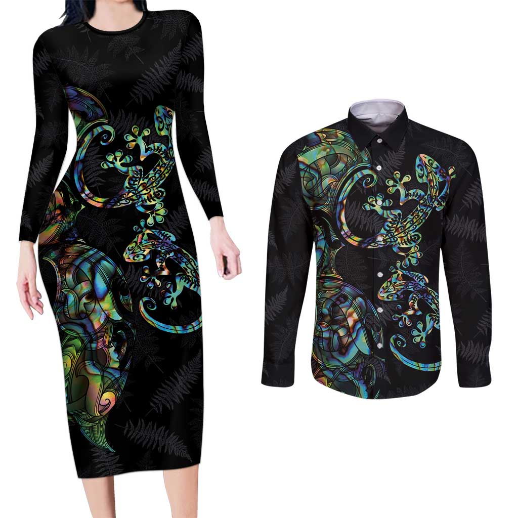 New Zealand Gecko Maori Art Tattoo Couples Matching Long Sleeve Bodycon Dress and Long Sleeve Button Shirt Silver Fern and Paua Shell Mode