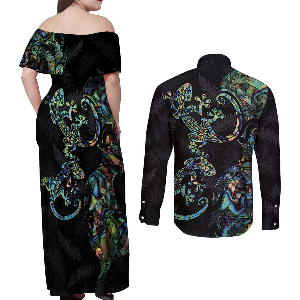 New Zealand Gecko Maori Art Tattoo Couples Matching Off Shoulder Maxi Dress and Long Sleeve Button Shirt Silver Fern and Paua Shell Mode