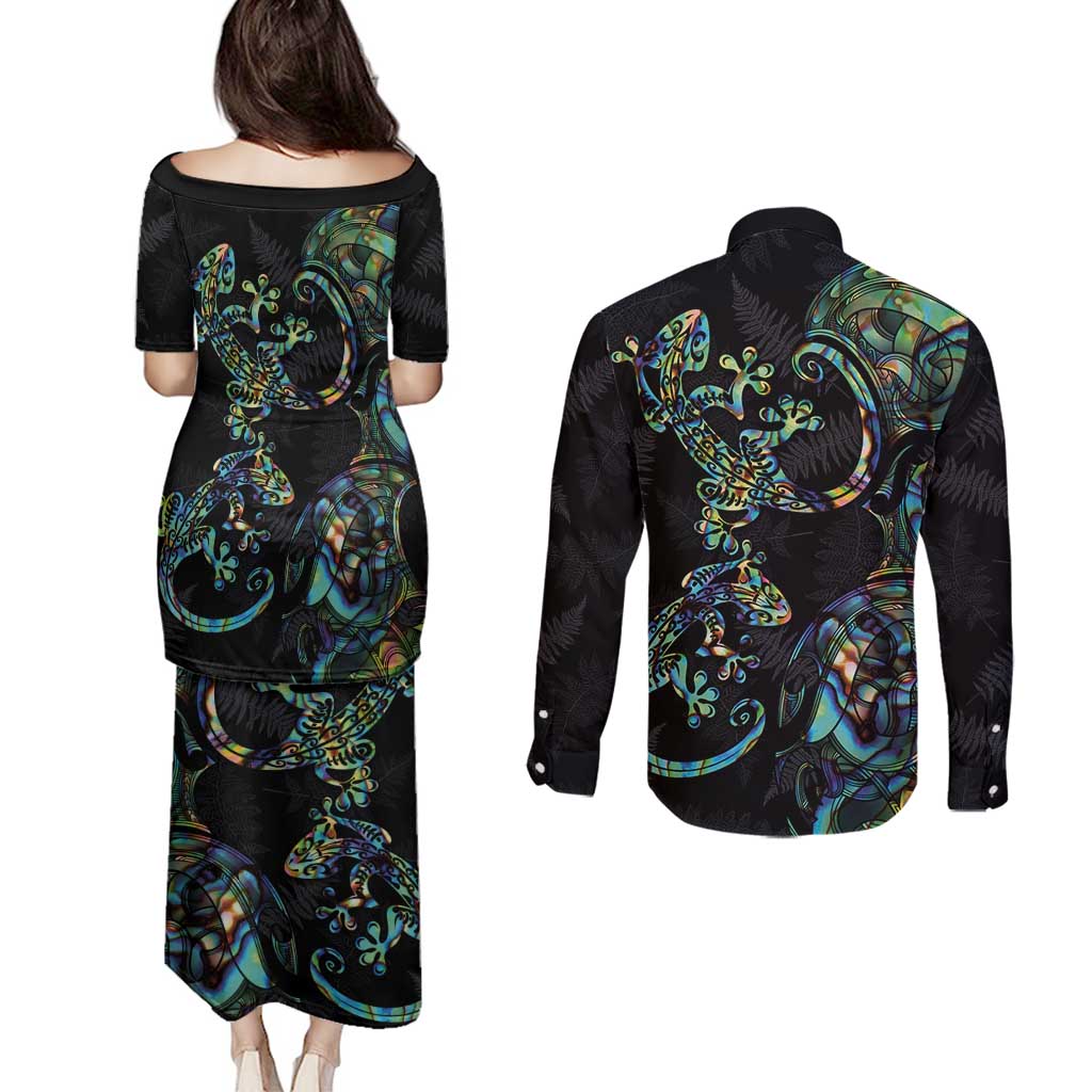 New Zealand Gecko Maori Art Tattoo Couples Matching Puletasi and Long Sleeve Button Shirt Silver Fern and Paua Shell Mode