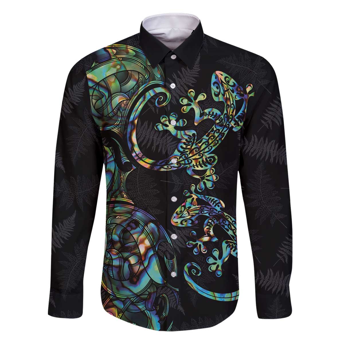 New Zealand Gecko Maori Art Tattoo Family Matching Off The Shoulder Long Sleeve Dress and Hawaiian Shirt Silver Fern and Paua Shell Mode