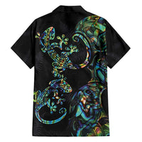 New Zealand Gecko Maori Art Tattoo Family Matching Off Shoulder Short Dress and Hawaiian Shirt Silver Fern and Paua Shell Mode