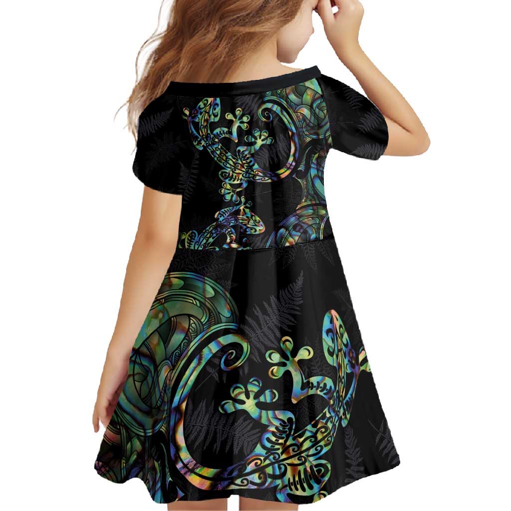 New Zealand Gecko Maori Art Tattoo Family Matching Short Sleeve Bodycon Dress and Hawaiian Shirt Silver Fern and Paua Shell Mode LT03 - Polynesian Pride